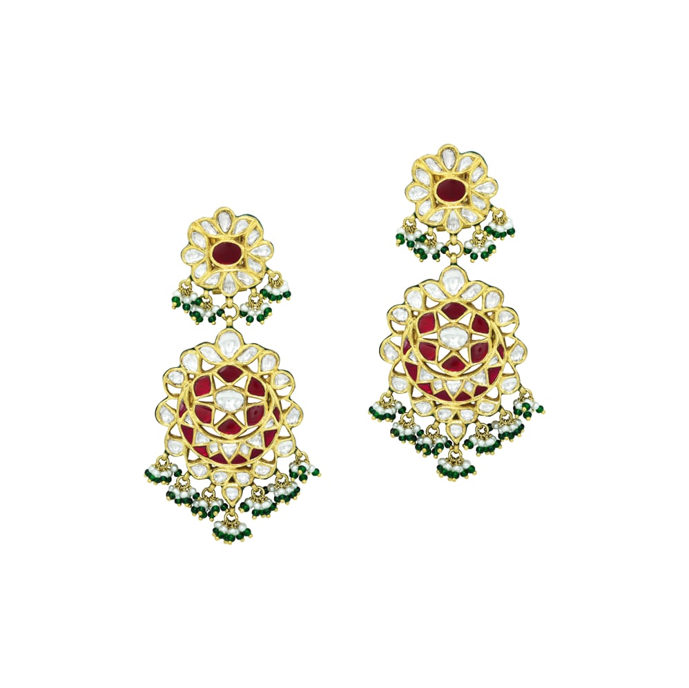 Crescent Polki Necklace Set with Red Talaf, Emeralds, and Pearls